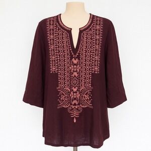 Pure Jill Womens Blouse Size S Burgundy‎ Embroidered Boho Peasant Cottagecore